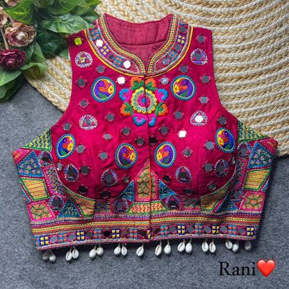 Rani Pure Heavy Italian Silk Halter Neck Back Peacock Work Navratri Blouse