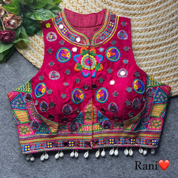 Rani Pure Heavy Italian Silk Halter Neck Back Peacock Work Navratri Blouse