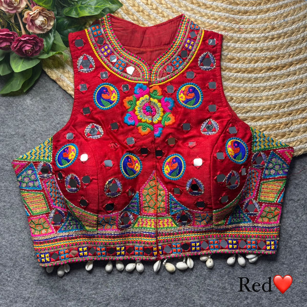 Red Pure Heavy Italian Silk Halter Neck Back Peacock Work Navratri Blouse