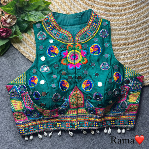 Rama Pure Heavy Italian Silk Halter Neck Back Peacock Work Navratri Blouse