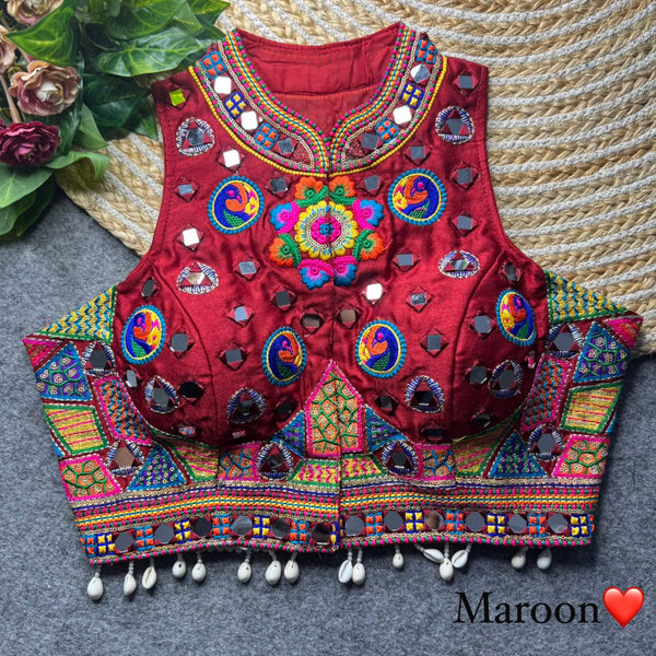 Maroon Pure Heavy Italian Silk Halter Neck Back Peacock Work Navratri Blouse