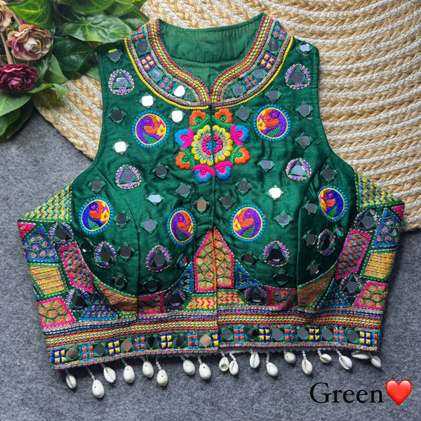 Green Pure Heavy Italian Silk Halter Neck Back Peacock Work Navratri Blouse