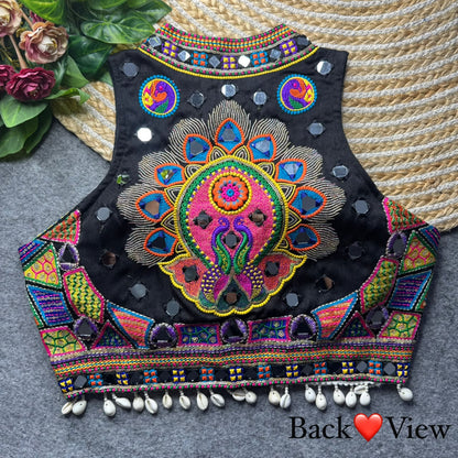 Black Pure Heavy Italian Silk Halter Neck Back Peacock Work Navratri Blouse