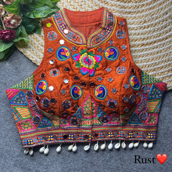 Rust Pure Heavy Italian Silk Halter Neck Back Peacock Work Navratri Blouse