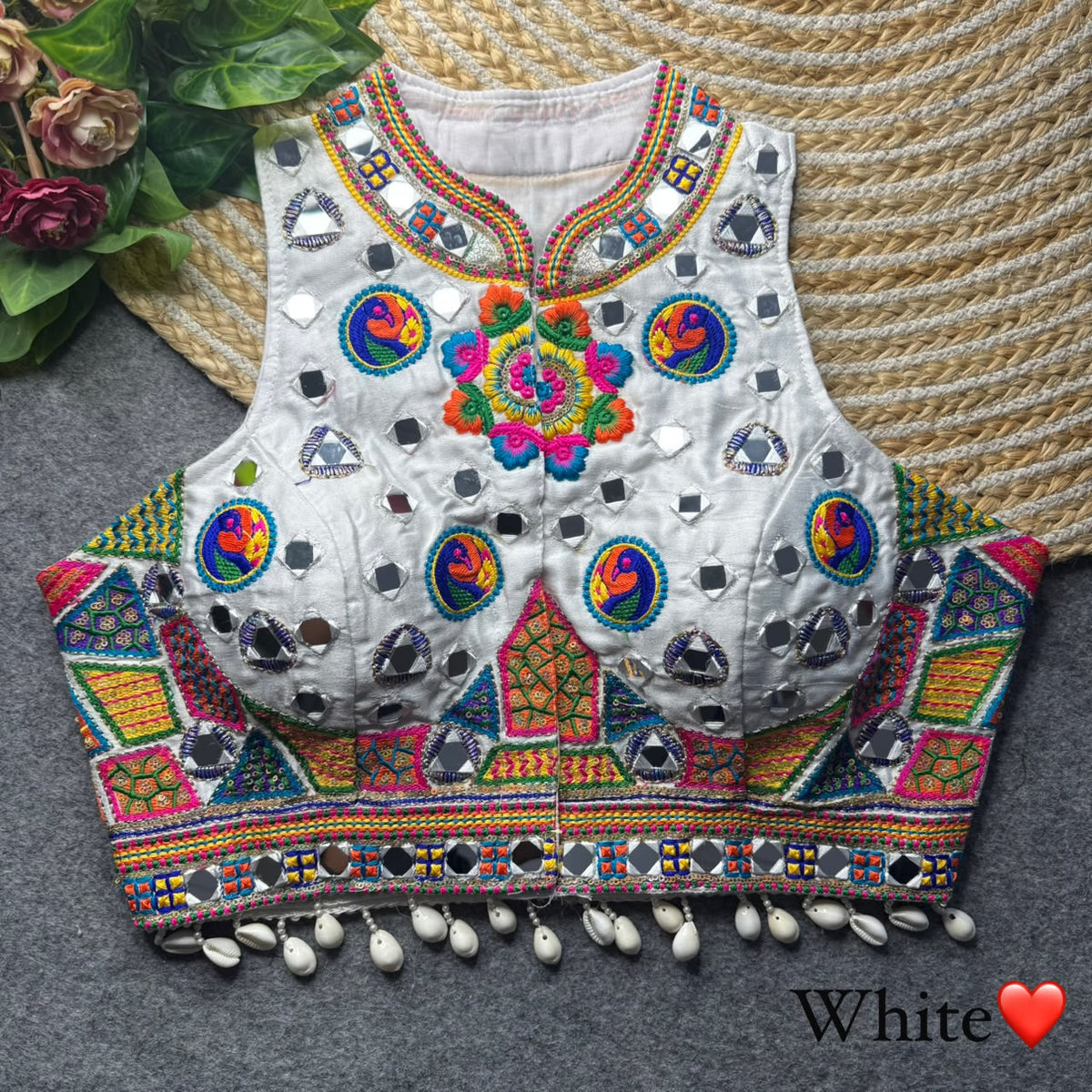 White Pure Heavy Italian Silk Halter Neck Back Peacock Work Navratri Blouse
