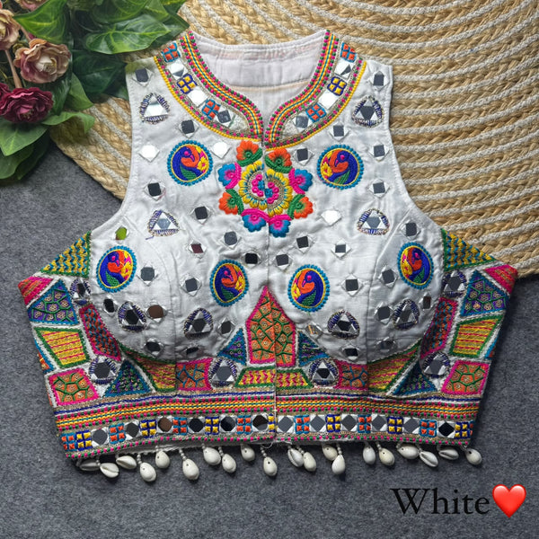 White Pure Heavy Italian Silk Halter Neck Back Peacock Work Navratri Blouse