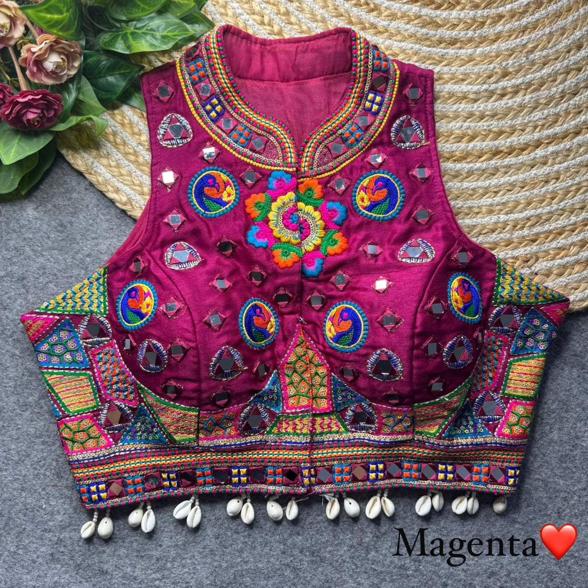 Magenta Pure Heavy Italian Silk Halter Neck Back Peacock Work Navratri Blouse