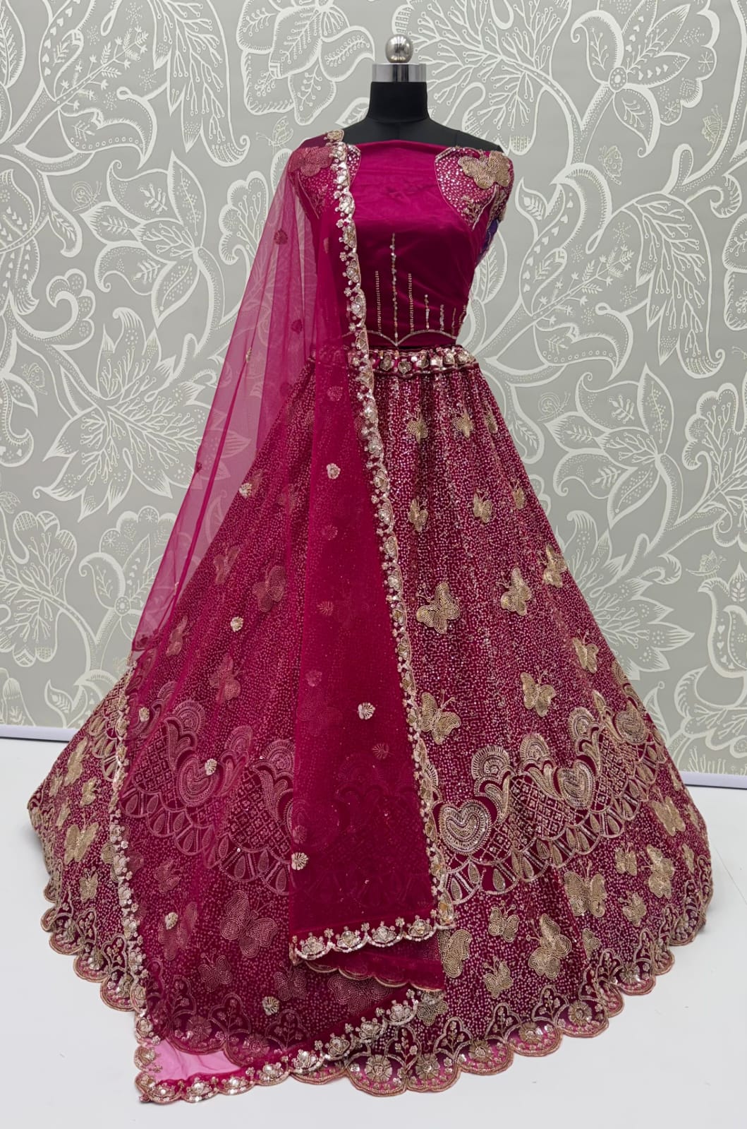 Rani Pure Heavy Net Motif Handwork Zari Sequins Work Bridal Lehenga Choli