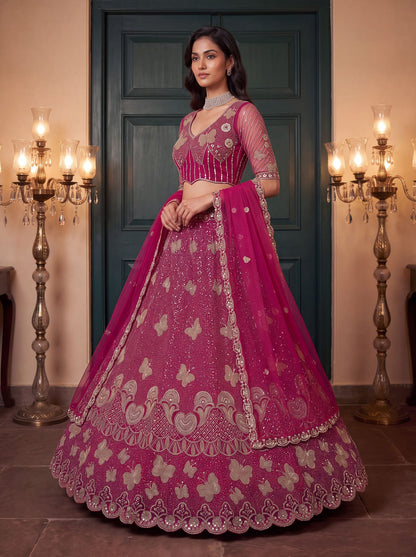 Rani Pure Heavy Net Motif Handwork Zari Sequins Work Bridal Lehenga Choli