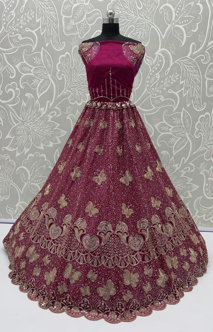 Rani Pure Heavy Net Motif Handwork Zari Sequins Work Bridal Lehenga Choli