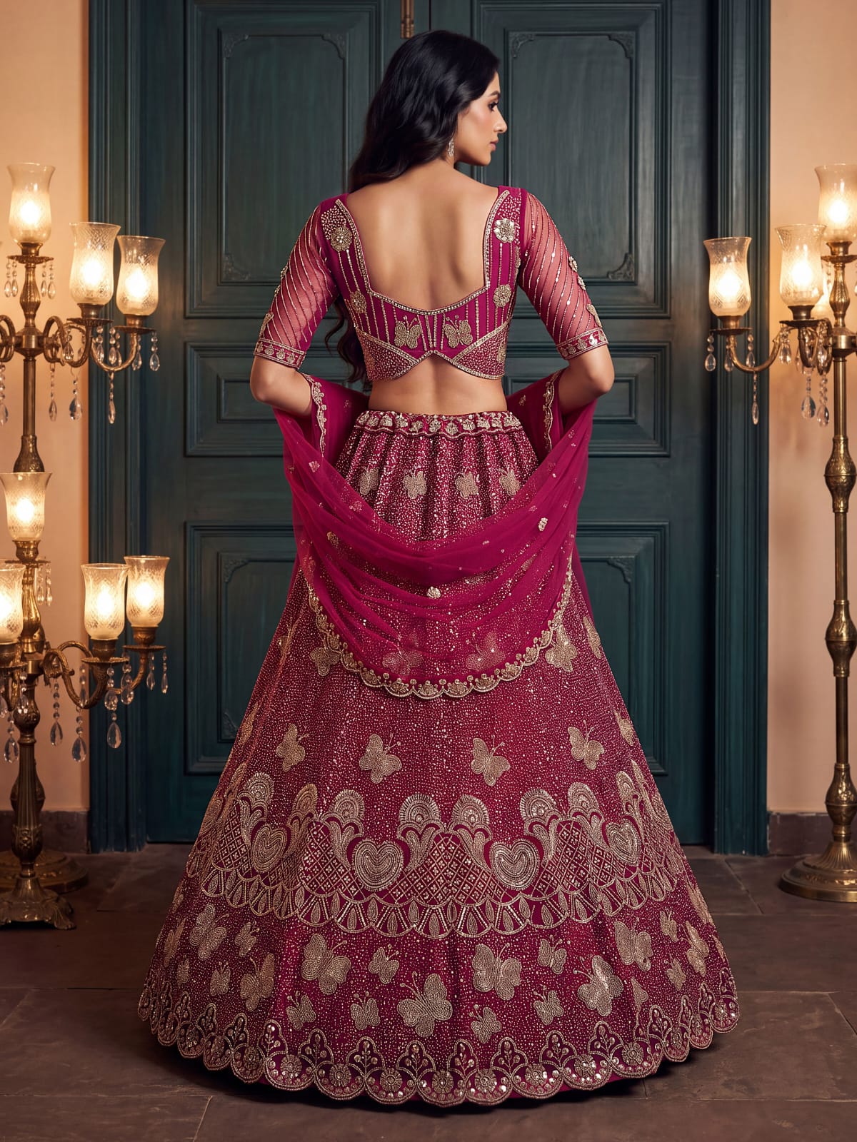 Rani Pure Heavy Net Motif Handwork Zari Sequins Work Bridal Lehenga Choli