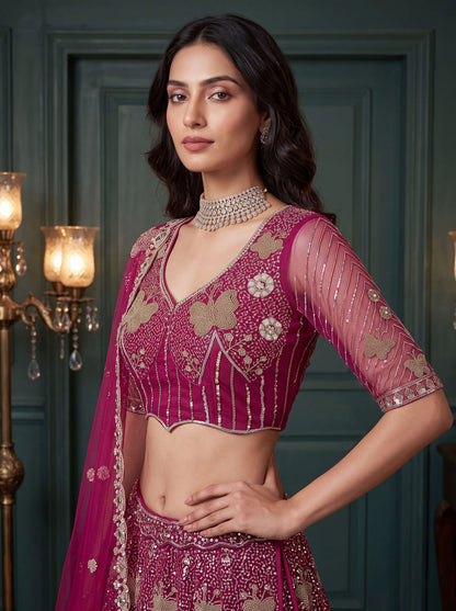 Rani Pure Heavy Net Motif Handwork Zari Sequins Work Bridal Lehenga Choli