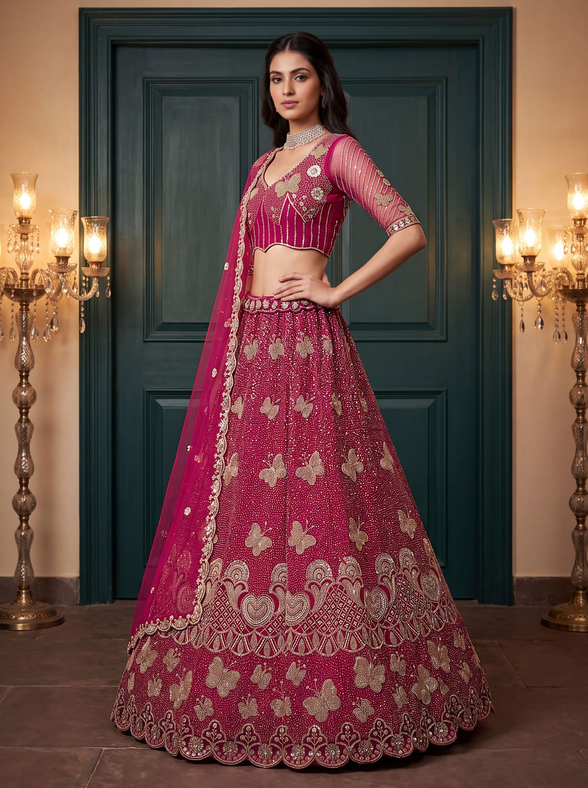 Rani Pure Heavy Net Motif Handwork Zari Sequins Work Bridal Lehenga Choli