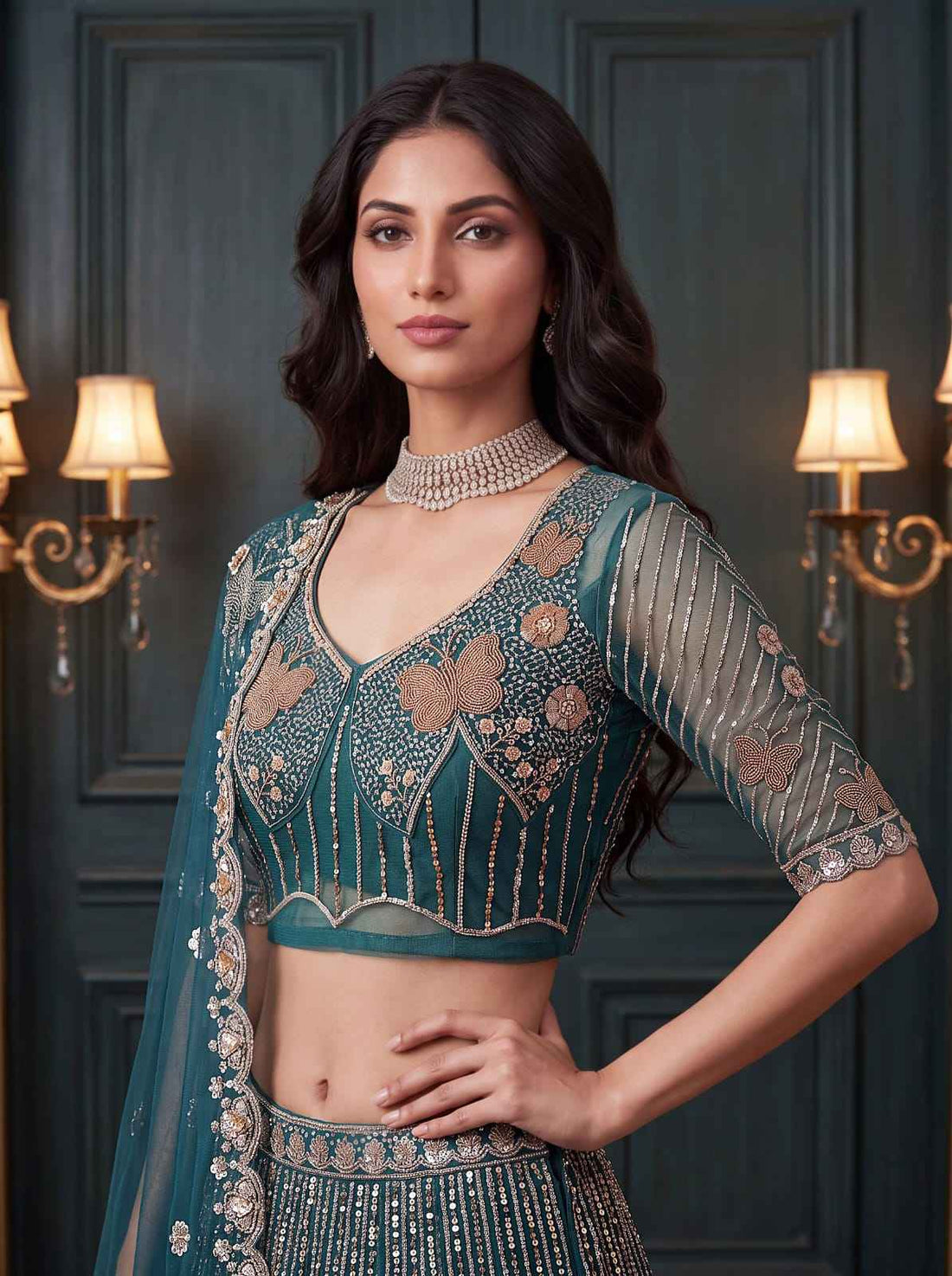 Teal Blue Pure Heavy Net Motif Handwork Zari Sequins Work Bridal Lehenga Choli