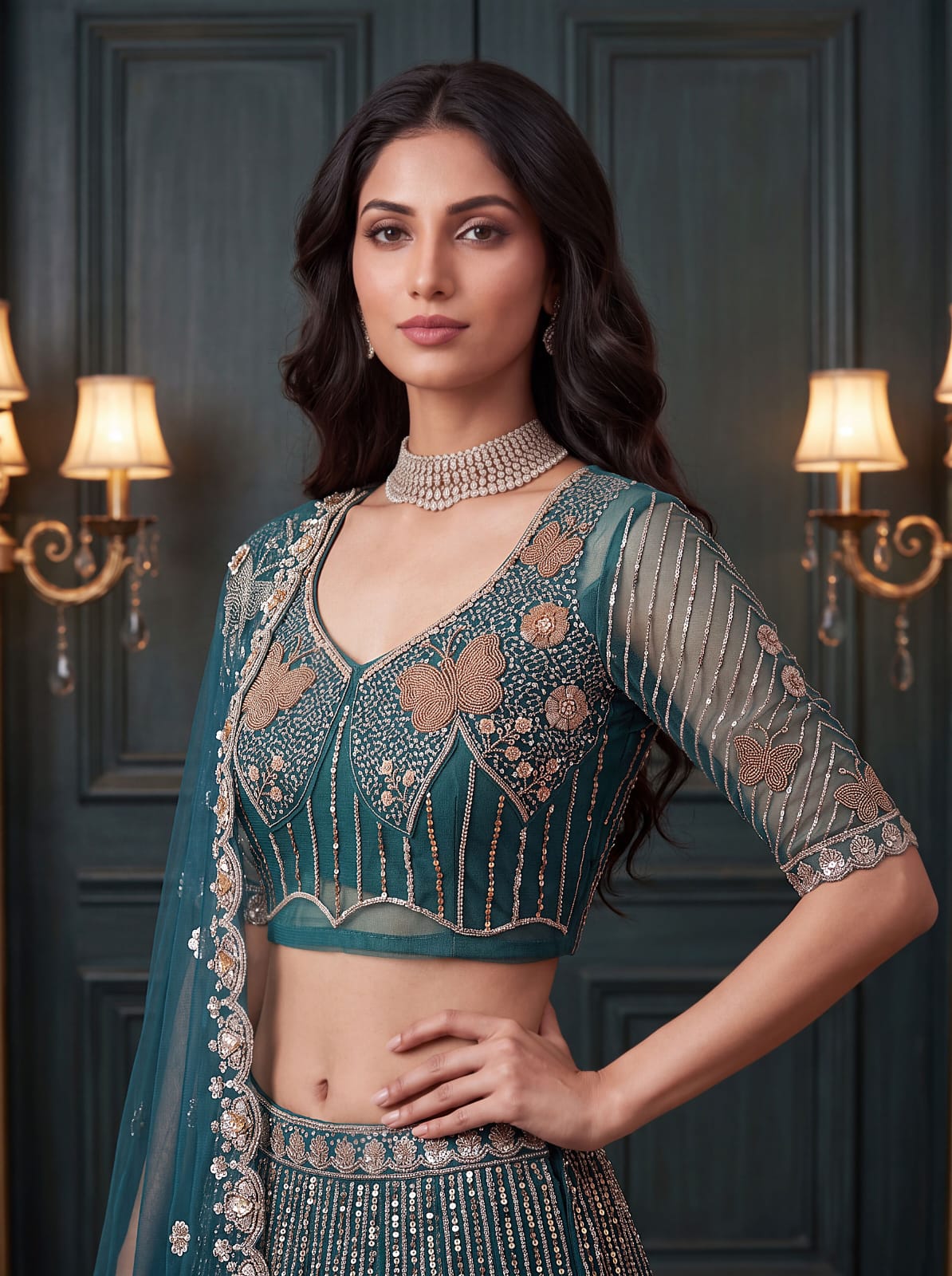 Teal Blue Pure Heavy Net Motif Handwork Zari Sequins Work Bridal Lehenga Choli