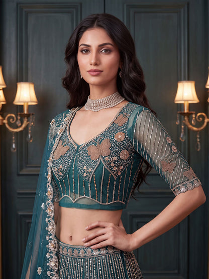 Teal Blue Pure Heavy Net Motif Handwork Zari Sequins Work Bridal Lehenga Choli