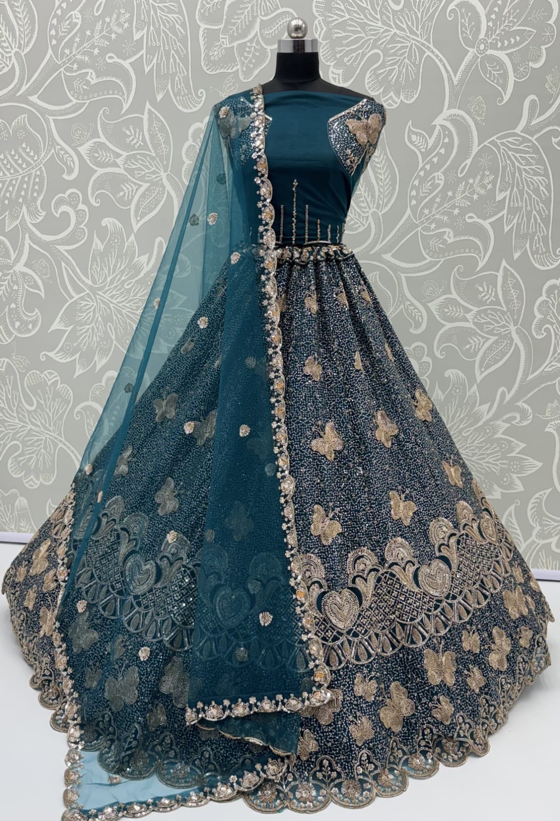 Teal Blue Pure Heavy Net Motif Handwork Zari Sequins Work Bridal Lehenga Choli