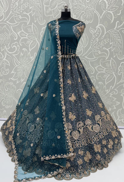 Teal Blue Pure Heavy Net Motif Handwork Zari Sequins Work Bridal Lehenga Choli