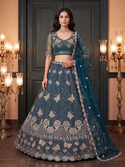 Teal Blue Pure Heavy Net Motif Handwork Zari Sequins Work Bridal Lehenga Choli