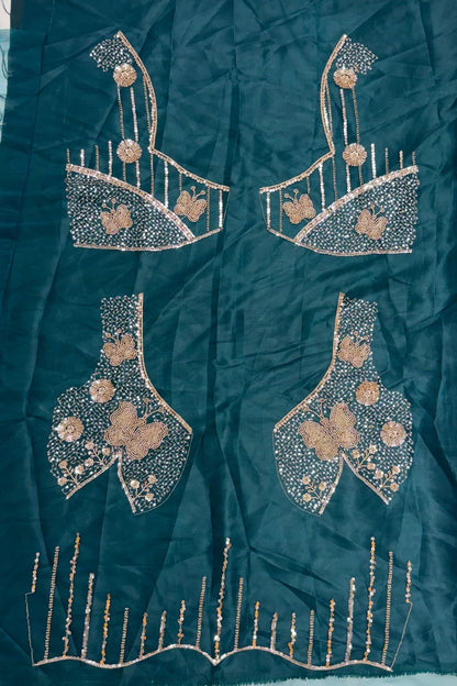 Teal Blue Pure Heavy Net Motif Handwork Zari Sequins Work Bridal Lehenga Choli