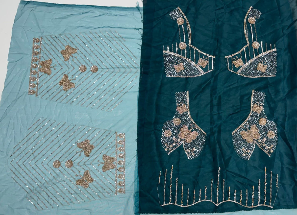 Teal Blue Pure Heavy Net Motif Handwork Zari Sequins Work Bridal Lehenga Choli