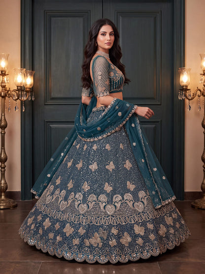 Teal Blue Pure Heavy Net Motif Handwork Zari Sequins Work Bridal Lehenga Choli
