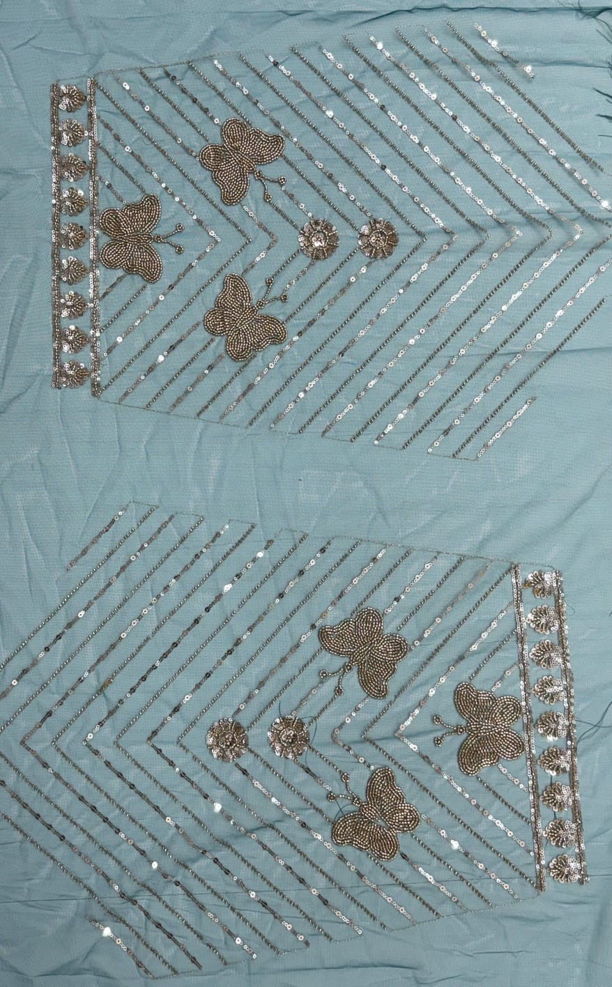 Teal Blue Pure Heavy Net Motif Handwork Zari Sequins Work Bridal Lehenga Choli