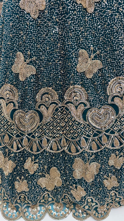 Teal Blue Pure Heavy Net Motif Handwork Zari Sequins Work Bridal Lehenga Choli