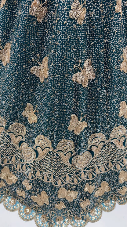 Teal Blue Pure Heavy Net Motif Handwork Zari Sequins Work Bridal Lehenga Choli