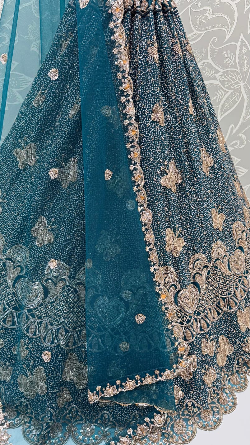 Teal Blue Pure Heavy Net Motif Handwork Zari Sequins Work Bridal Lehenga Choli
