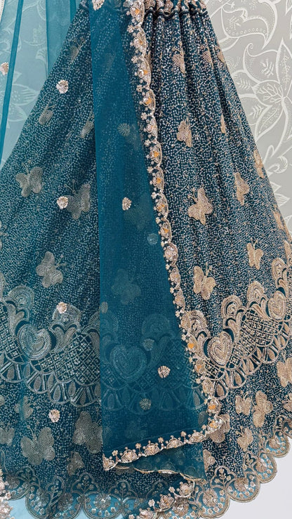 Teal Blue Pure Heavy Net Motif Handwork Zari Sequins Work Bridal Lehenga Choli