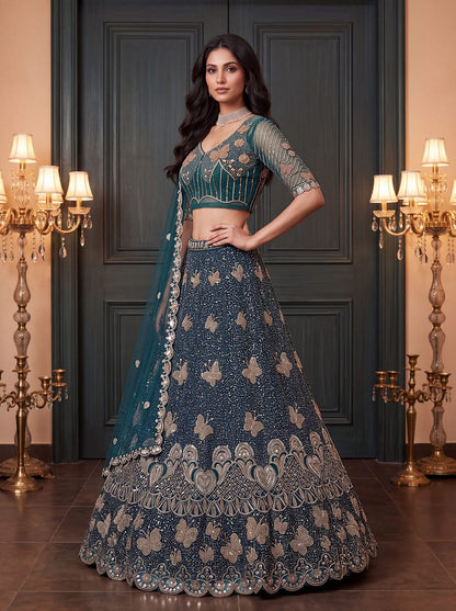 Teal Blue Pure Heavy Net Motif Handwork Zari Sequins Work Bridal Lehenga Choli
