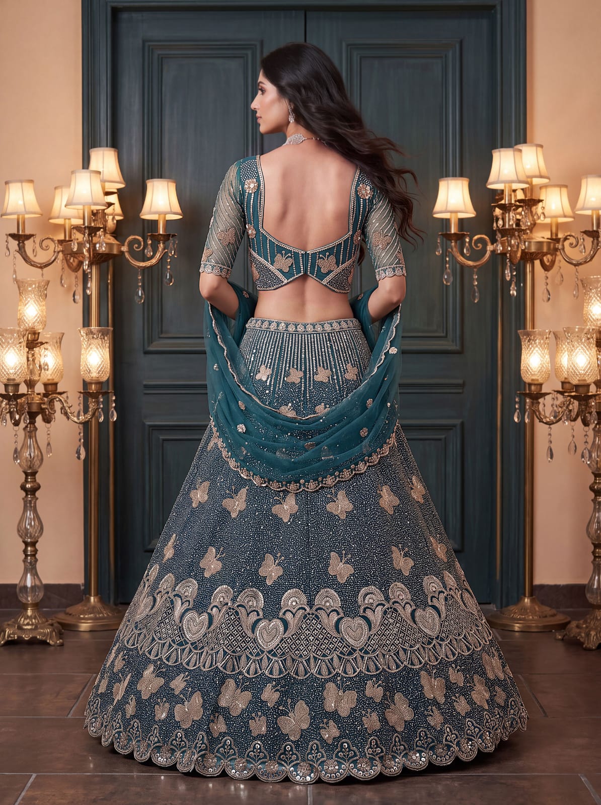 Teal Blue Pure Heavy Net Motif Handwork Zari Sequins Work Bridal Lehenga Choli