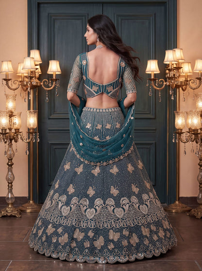 Teal Blue Pure Heavy Net Motif Handwork Zari Sequins Work Bridal Lehenga Choli
