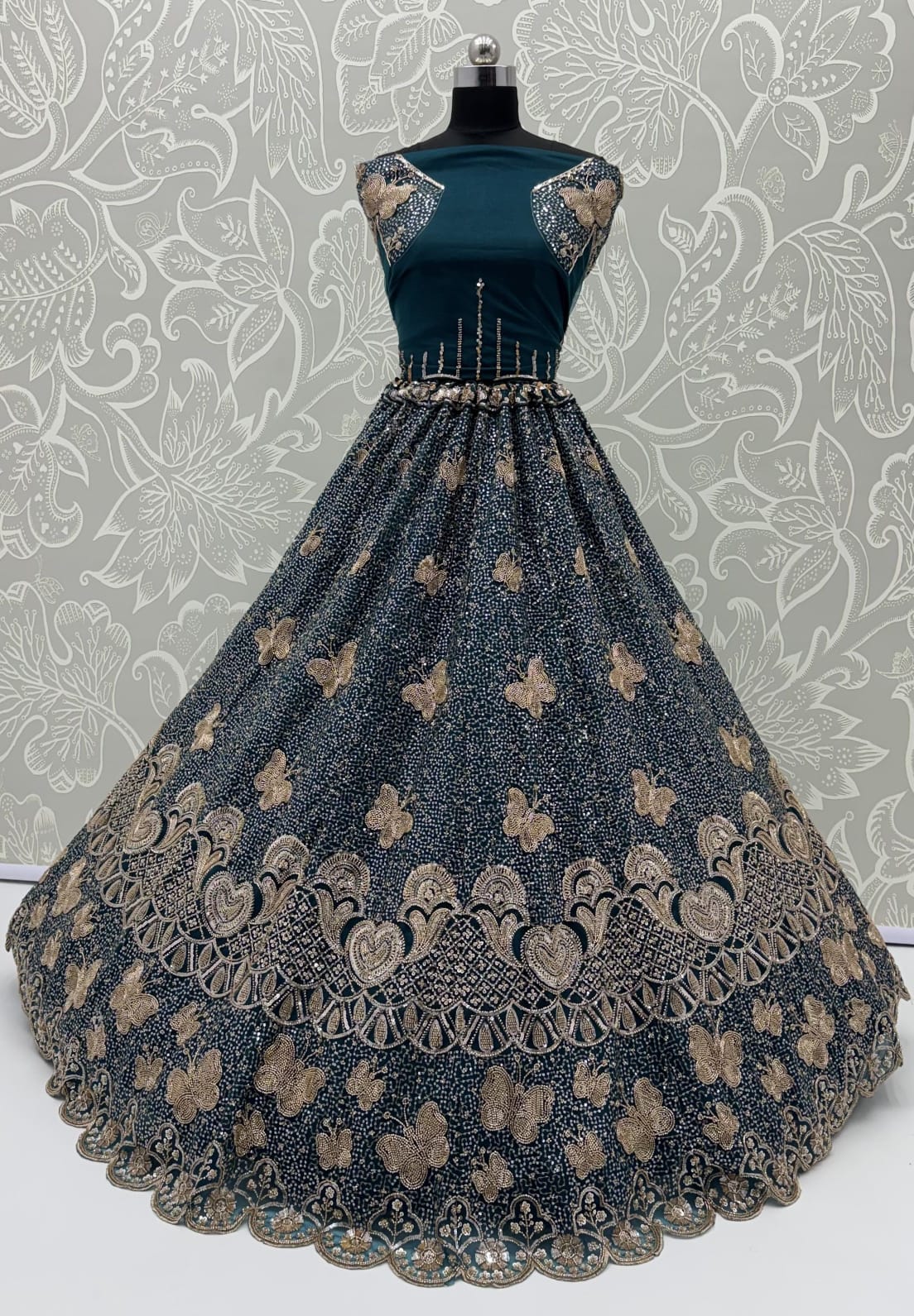 Teal Blue Pure Heavy Net Motif Handwork Zari Sequins Work Bridal Lehenga Choli