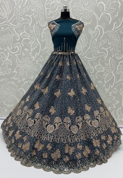 Teal Blue Pure Heavy Net Motif Handwork Zari Sequins Work Bridal Lehenga Choli