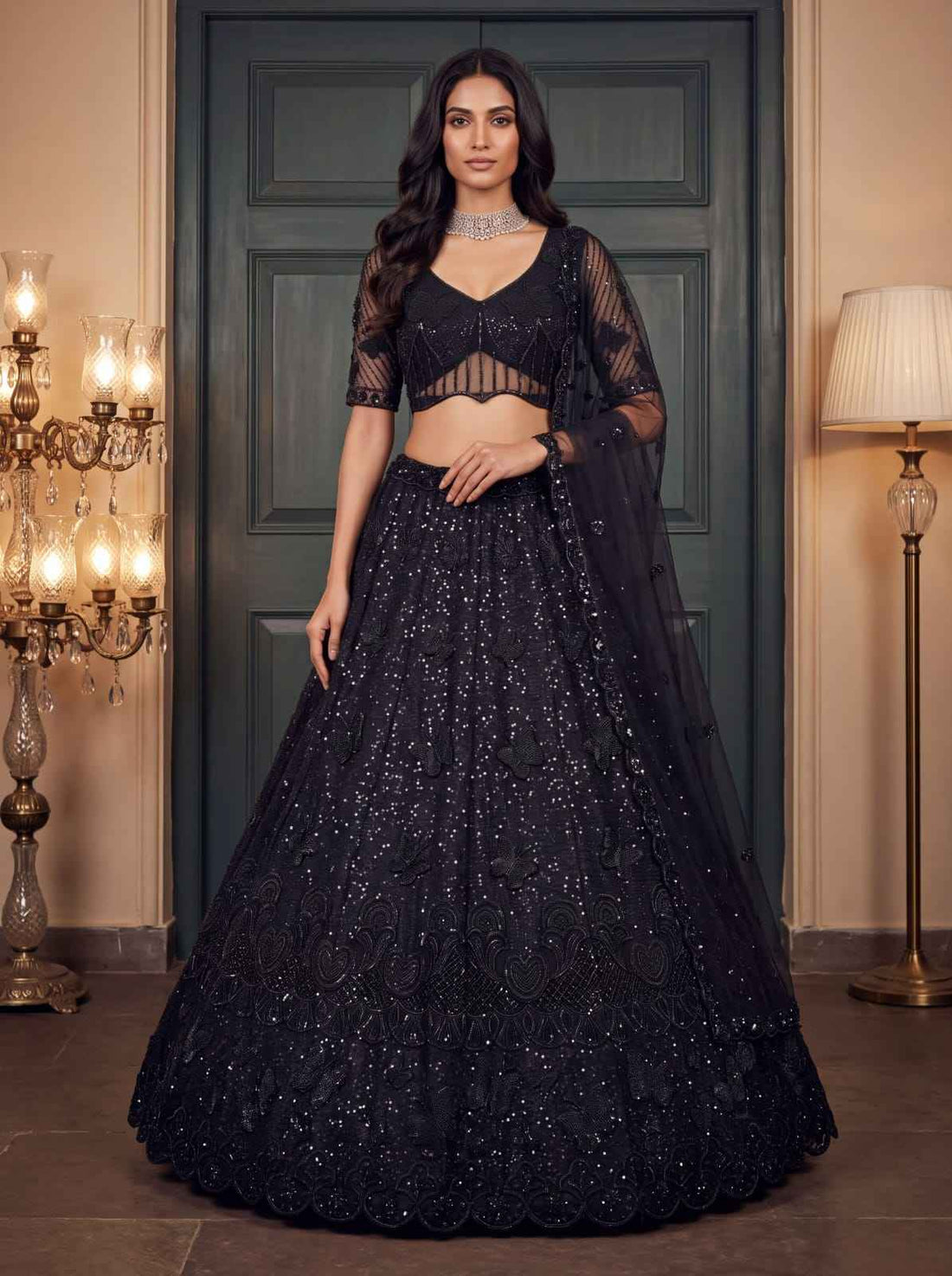 Black Pure Heavy Net Motif Handwork Zari Sequins Work Bridal Lehenga Choli
