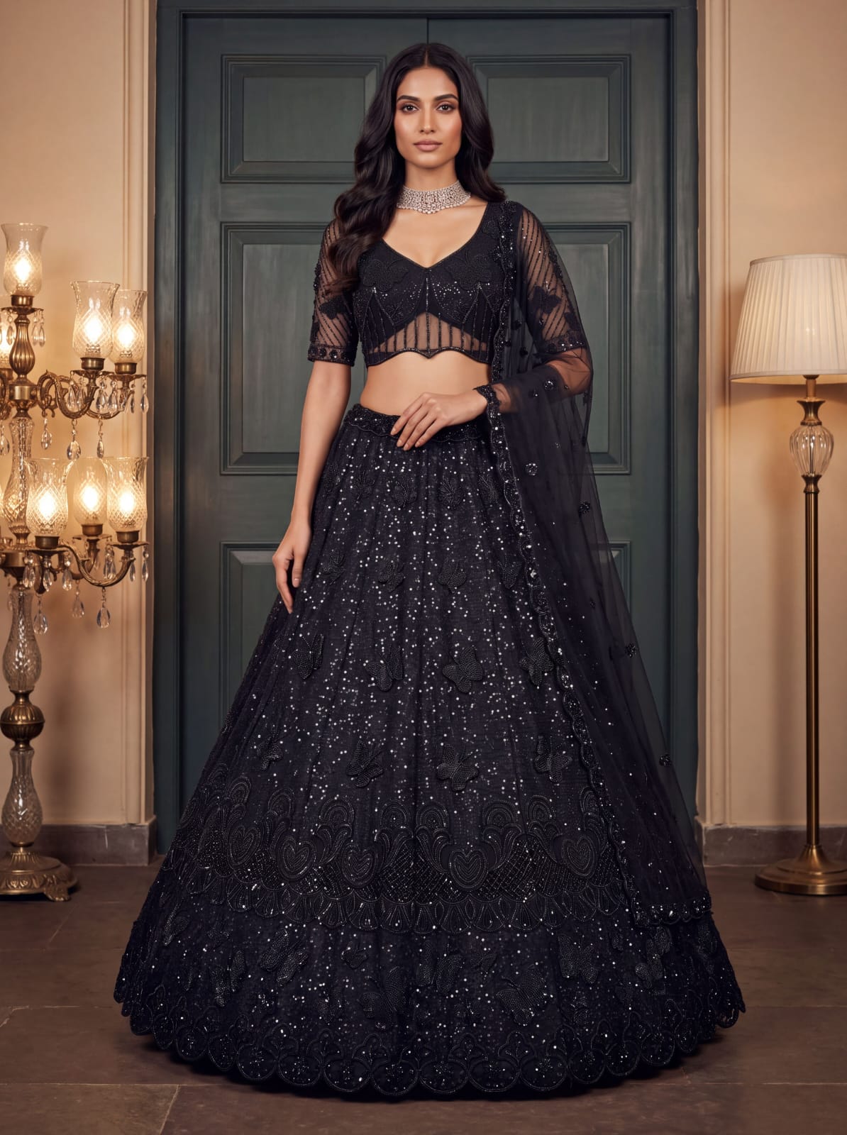 Black Pure Heavy Net Motif Handwork Zari Sequins Work Bridal Lehenga Choli