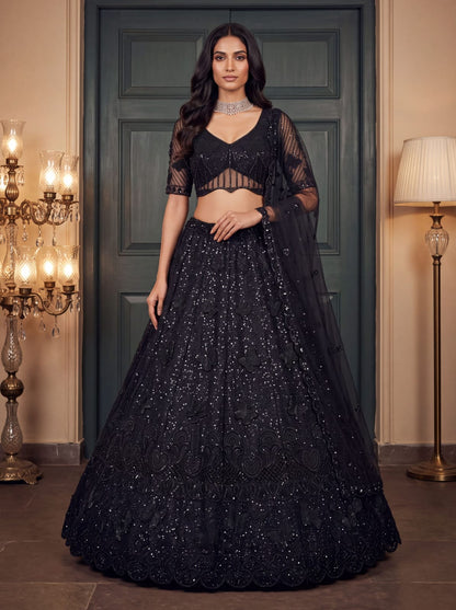Black Pure Heavy Net Motif Handwork Zari Sequins Work Bridal Lehenga Choli