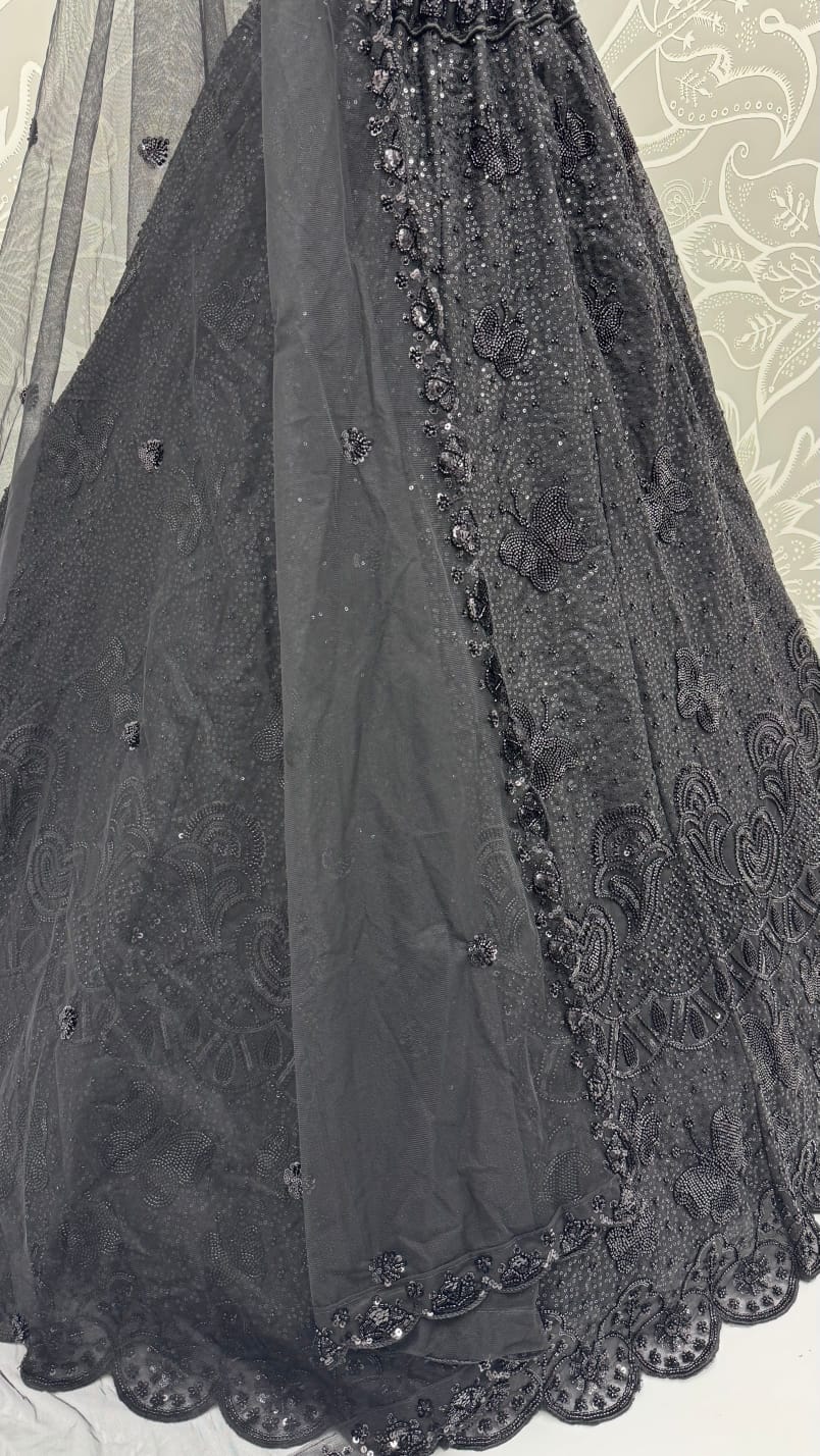 Black Pure Heavy Net Motif Handwork Zari Sequins Work Bridal Lehenga Choli