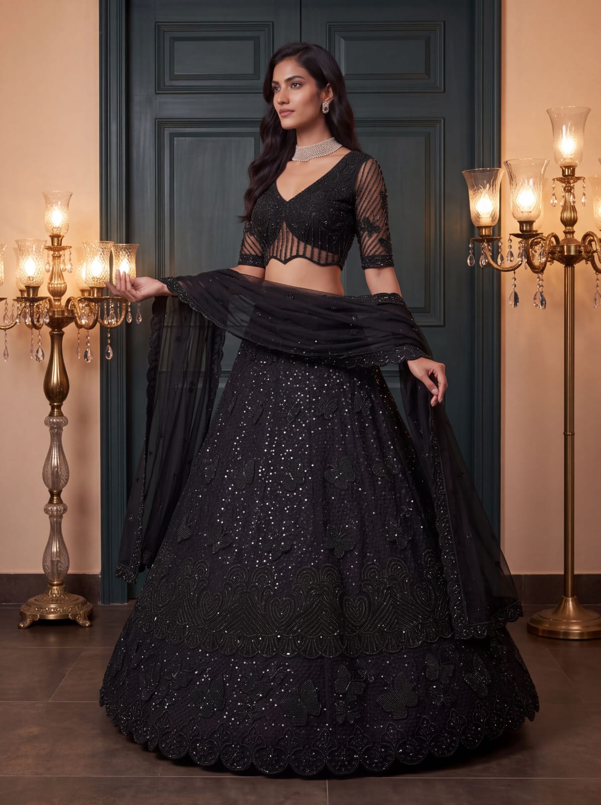 Black Pure Heavy Net Motif Handwork Zari Sequins Work Bridal Lehenga Choli