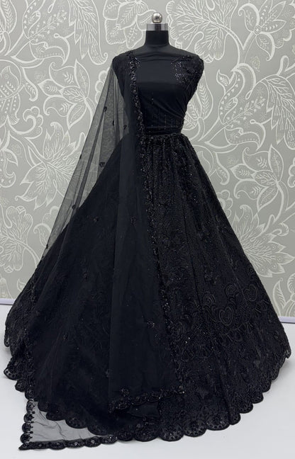 Black Pure Heavy Net Motif Handwork Zari Sequins Work Bridal Lehenga Choli