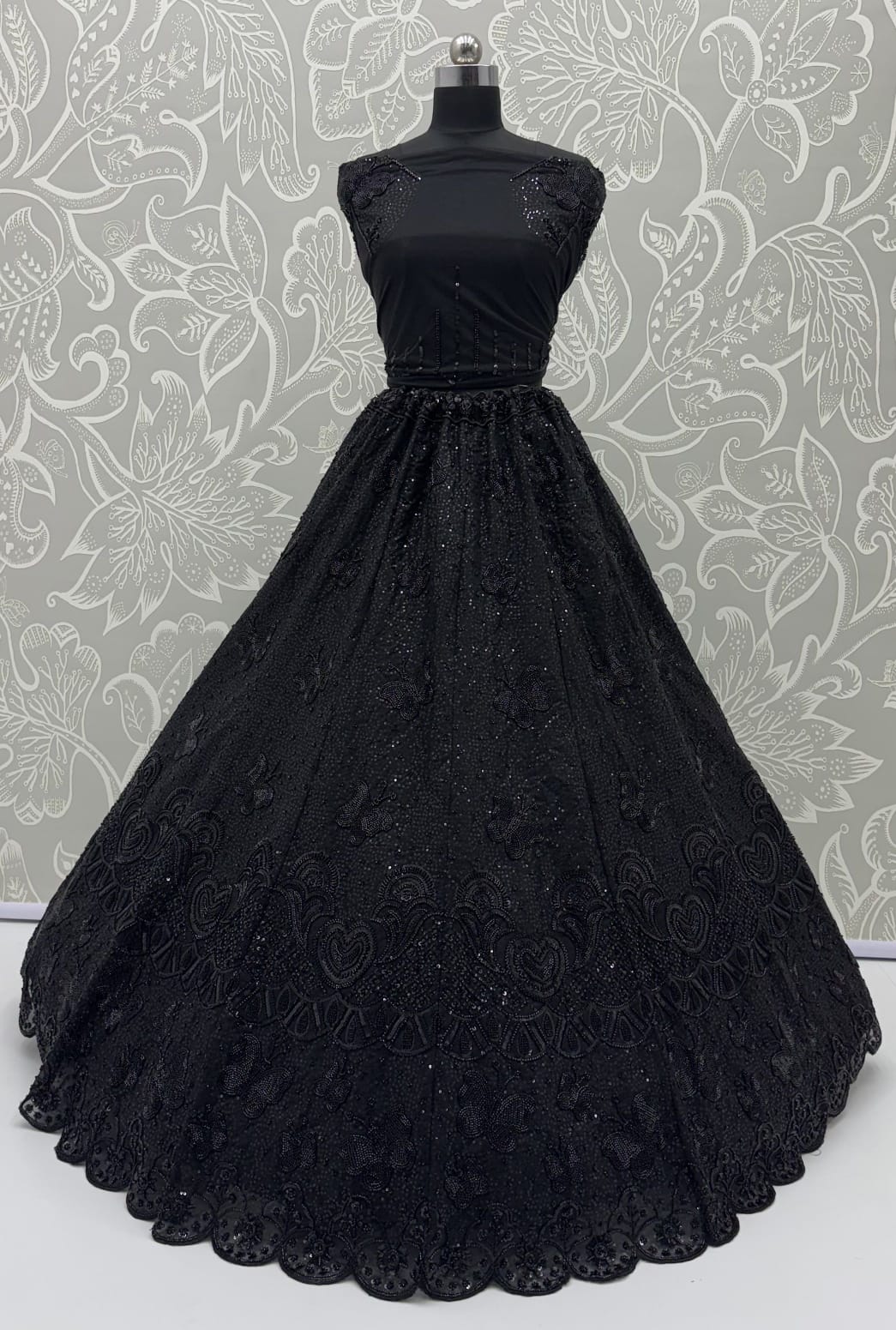 Black Pure Heavy Net Motif Handwork Zari Sequins Work Bridal Lehenga Choli