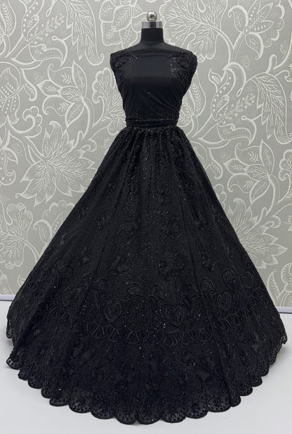 Black Pure Heavy Net Motif Handwork Zari Sequins Work Bridal Lehenga Choli