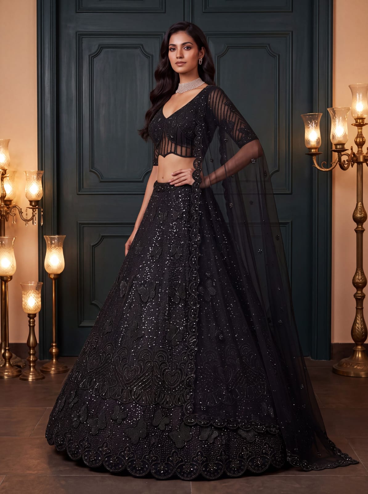 Black Pure Heavy Net Motif Handwork Zari Sequins Work Bridal Lehenga Choli
