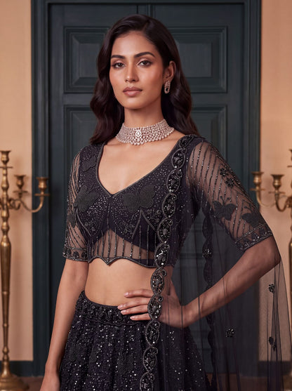 Black Pure Heavy Net Motif Handwork Zari Sequins Work Bridal Lehenga Choli