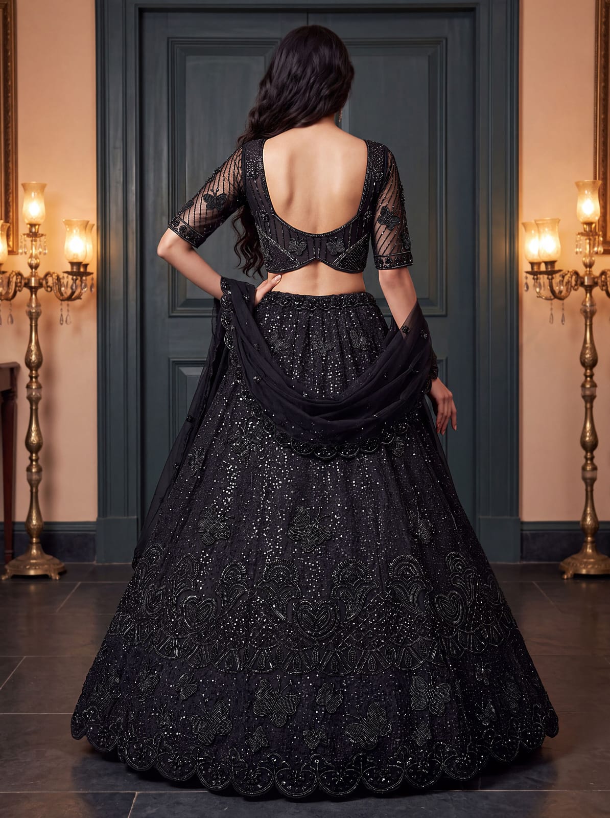 Black Pure Heavy Net Motif Handwork Zari Sequins Work Bridal Lehenga Choli