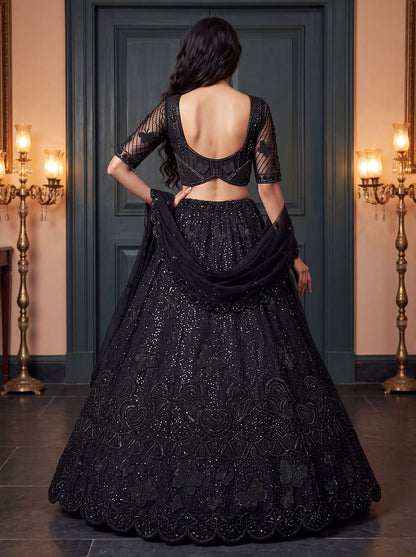 Black Pure Heavy Net Motif Handwork Zari Sequins Work Bridal Lehenga Choli
