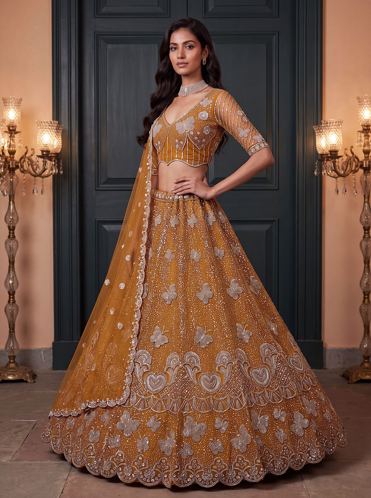Mustard Pure Heavy Net Motif Handwork Zari Sequins Work Bridal Lehenga Choli