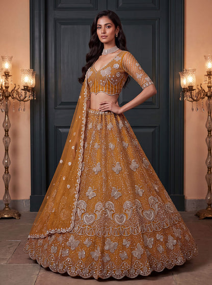 Mustard Pure Heavy Net Motif Handwork Zari Sequins Work Bridal Lehenga Choli